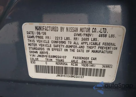 2008 Infiniti G35 Journey from USA, damaged, VIN JNKBV61E48M224107